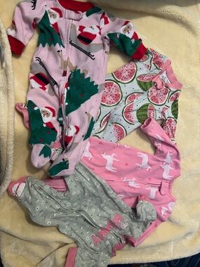 Carter's Pink, Green & Gray Holiday and Fruit Baby One-Piece Footies - Pack of 4